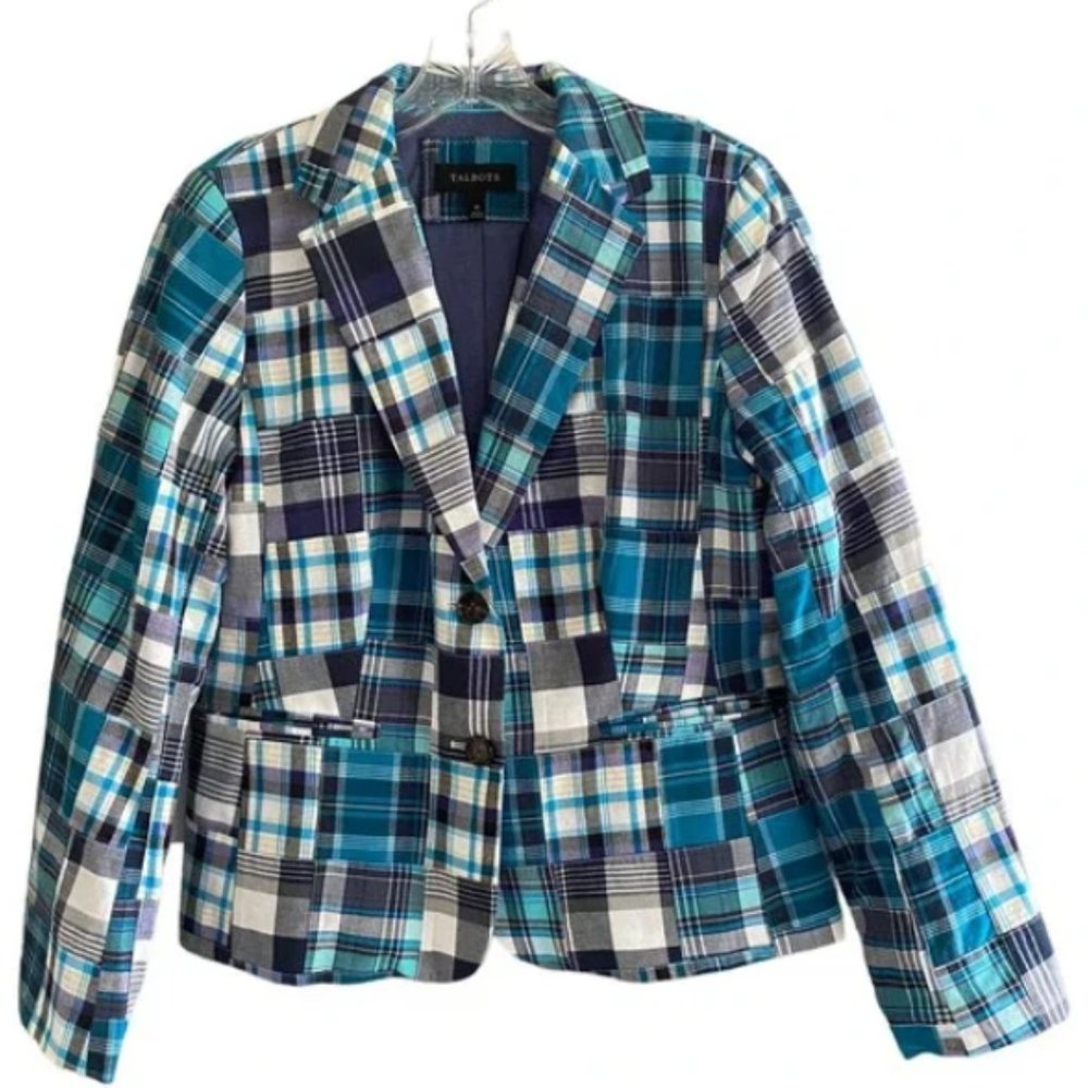 TALBOTS Plaid Madras Quilted Turquoise, White & Black Blazer Jacket SZ 10 & 12